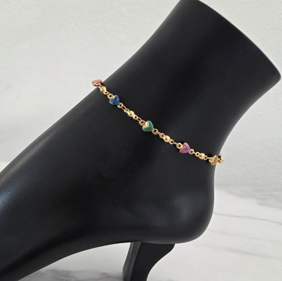 Jewelry - Adjustable 18k Gold Plated Anklet with Colorful Heart Charms